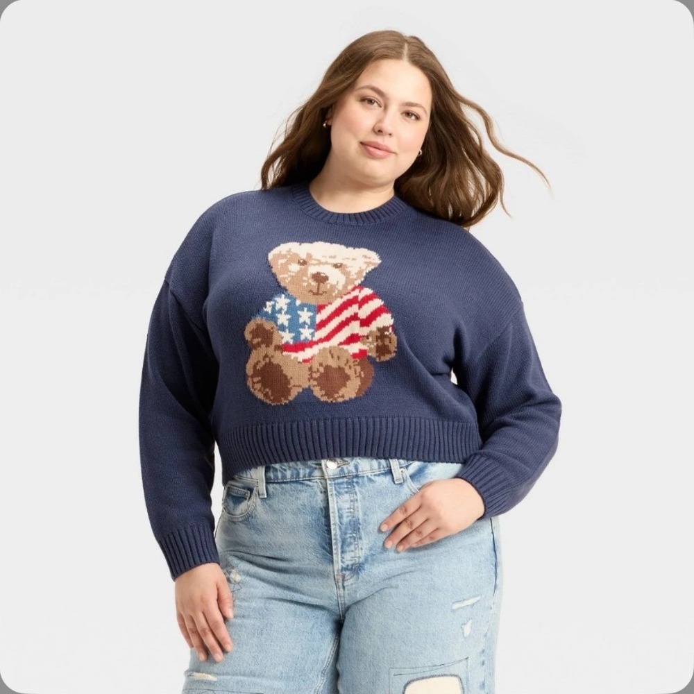 Grayson Threads Navy Blue American Flag Teddy Bear Knit Sweater 2X New